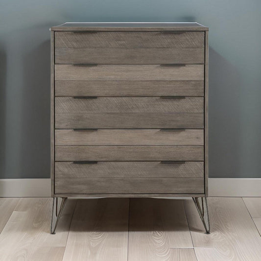Contemporary Solid Wood Chest with Metal Hairpin Legs, Grey
