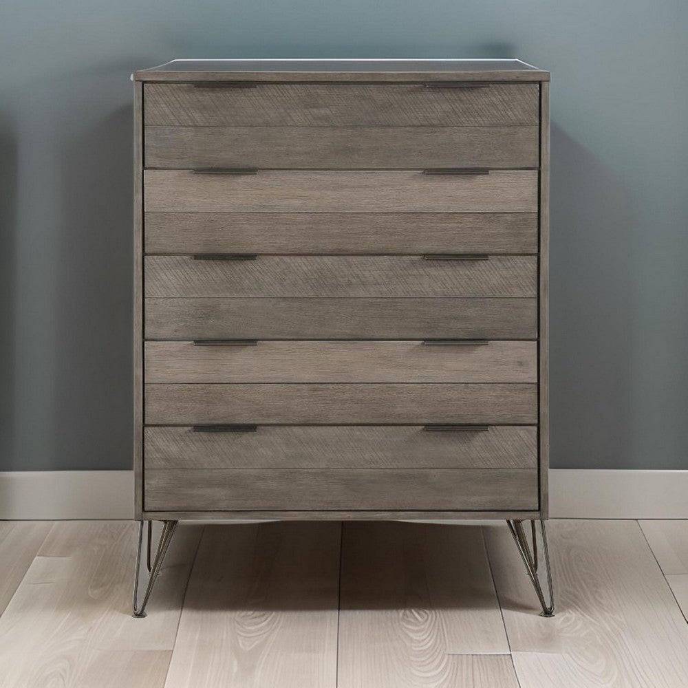 Contemporary Solid Wood Chest with Metal Hairpin Legs, Grey
