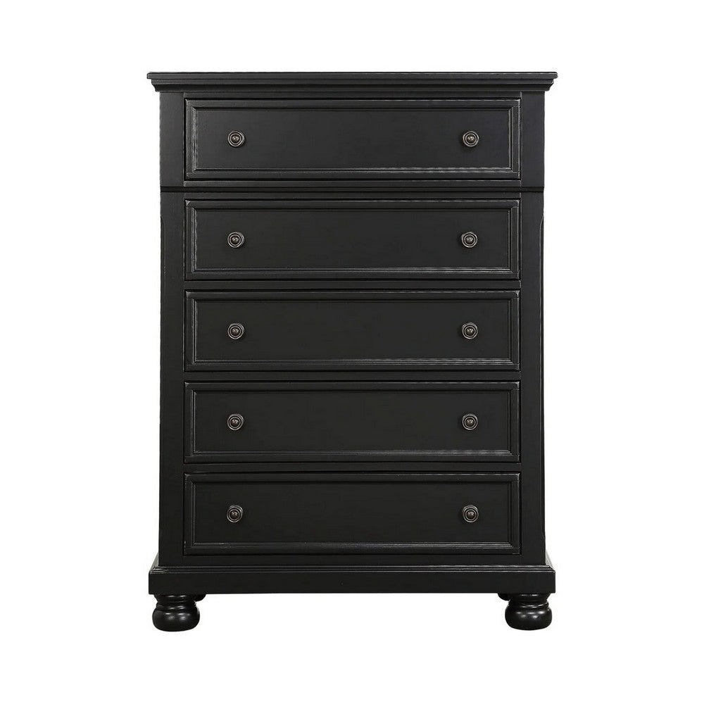 Transitional Style Five Drawer Wooden Chest with Round Bun Legs, White