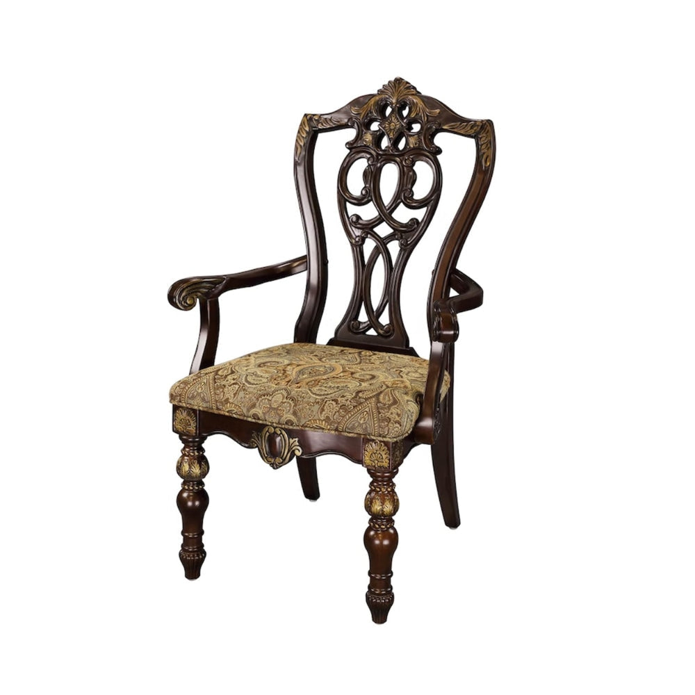 Fabric Upholstered Wooden Arm Chair With Intricate Back Set of 2 Cherry Brown HME-1824A