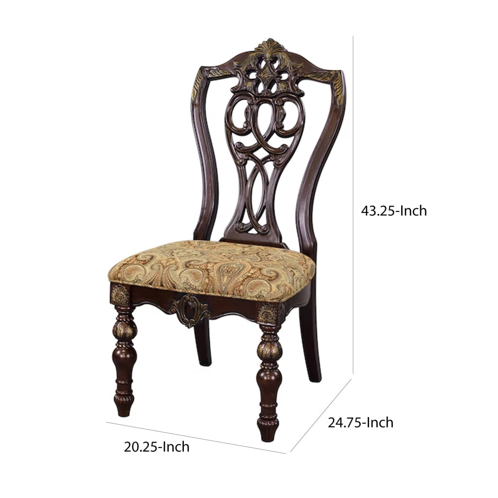 Fabric Upholstered Wooden Side Chair With Intricate Back Set of 2 Cherry Brown HME-1824S