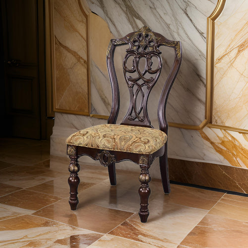 Side Chair Set of 2 | Jacquard Fabric Seat| Gold Tipping | Cherry Brown