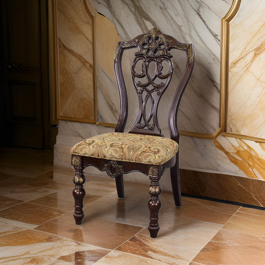 Side Chair Set of 2 | Jacquard Fabric Seat| Gold Tipping | Cherry Brown