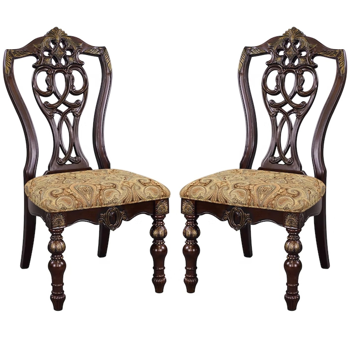 Fabric Upholstered Wooden Side Chair With Intricate Back Set of 2 Cherry Brown HME-1824S