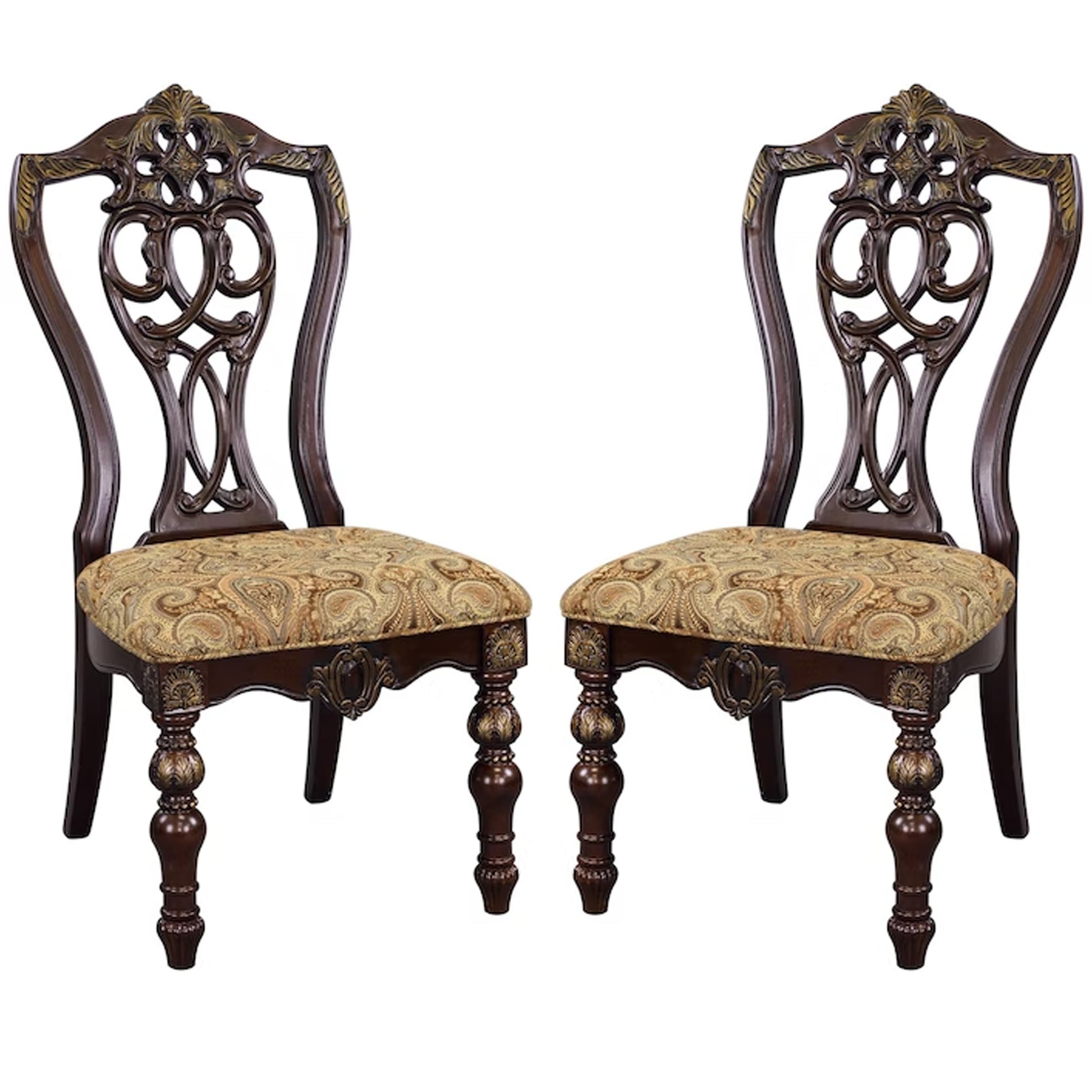 Fabric Upholstered Wooden Side Chair With Intricate Back Set of 2 Cherry Brown HME-1824S