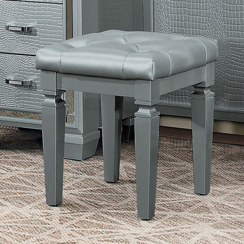 Wooden Vanity Stool With Faux Leather Tufted Seat, Gray