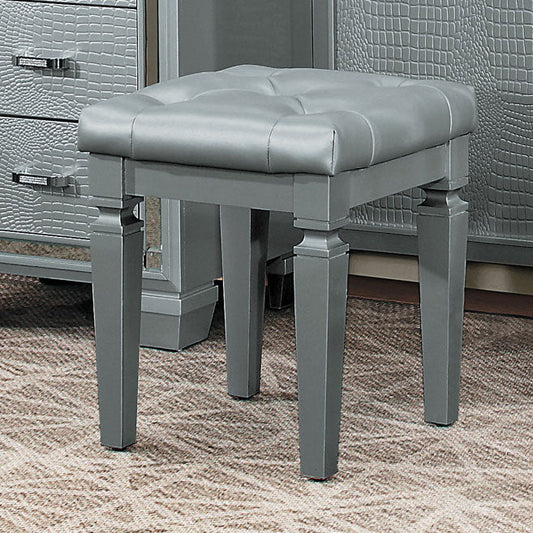 Wooden Vanity Stool With Faux Leather Tufted Seat, Gray