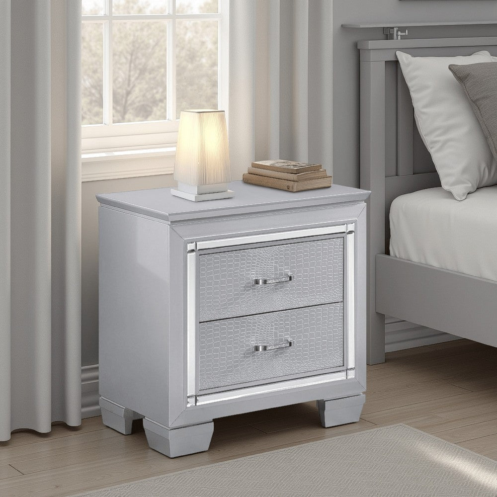 Mirror Accented Wooden Night Stand With 2 Drawer, Gray
