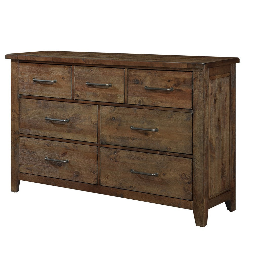 Spacious Wooden Dresser With 7 Drawers, Rustic Burnished Brown