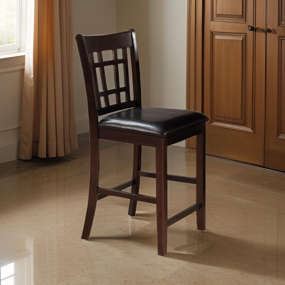 41 Inch Wood Counter Height Chair, Leatherette Seat, Dark Brown, Set of 2