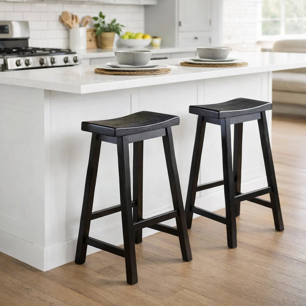 Wooden 29" Counter Height Stool with Saddle Seat, Black, Set Of 2
