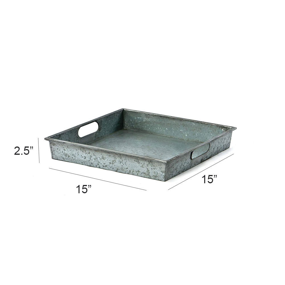 Benzara Square Galvanized Metal Tray With Handle, Gray - BM166881