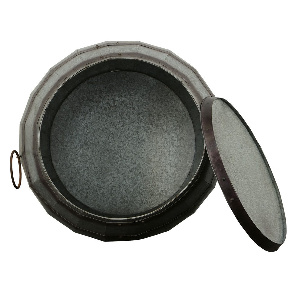 Barrel Drum Shape Storage Table with Removable Lid, Rustic Brown and Gray Metal