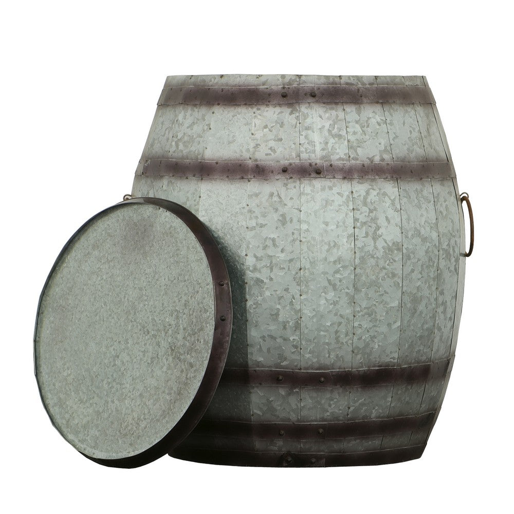 Barrel Drum Shape Storage Table with Removable Lid, Rustic Brown and Gray Metal