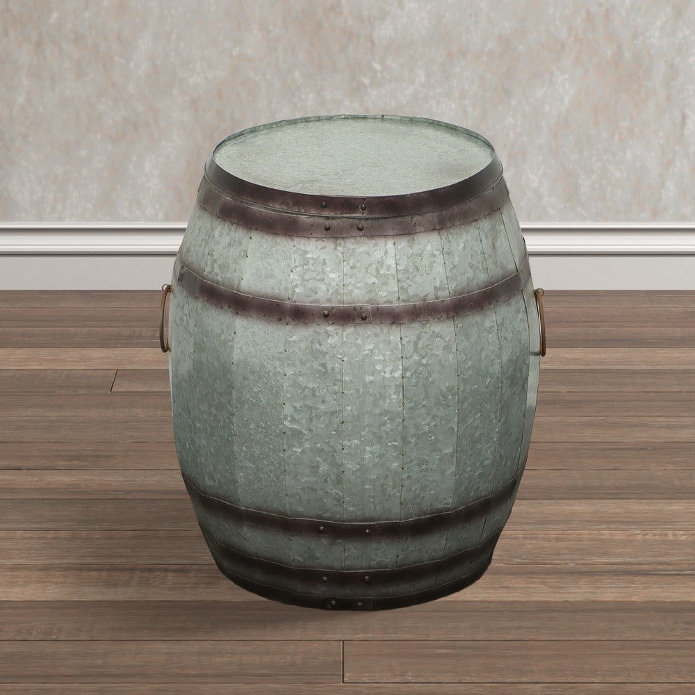 Barrel Drum Shape Storage Table with Removable Lid, Rustic Brown and Gray Metal