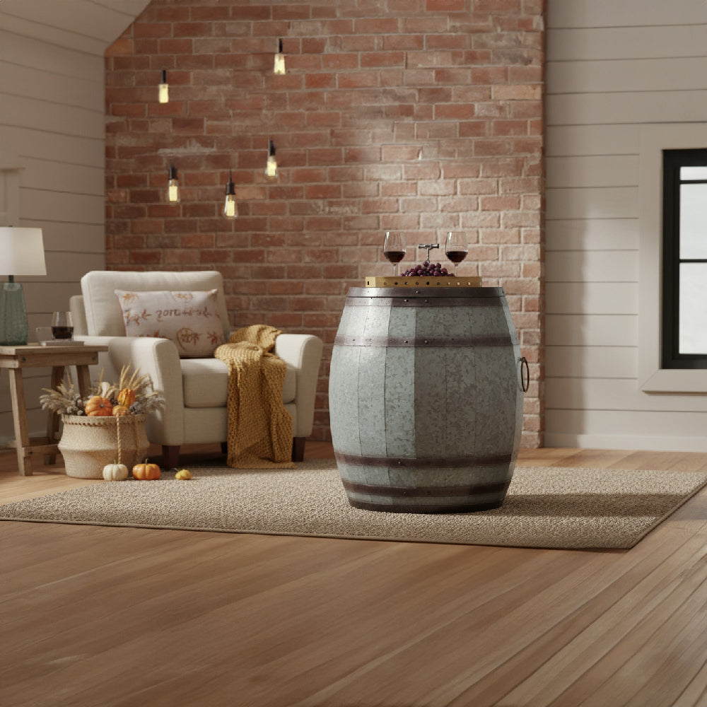 Barrel Drum Shape Storage Table with Removable Lid, Rustic Brown and Gray Metal