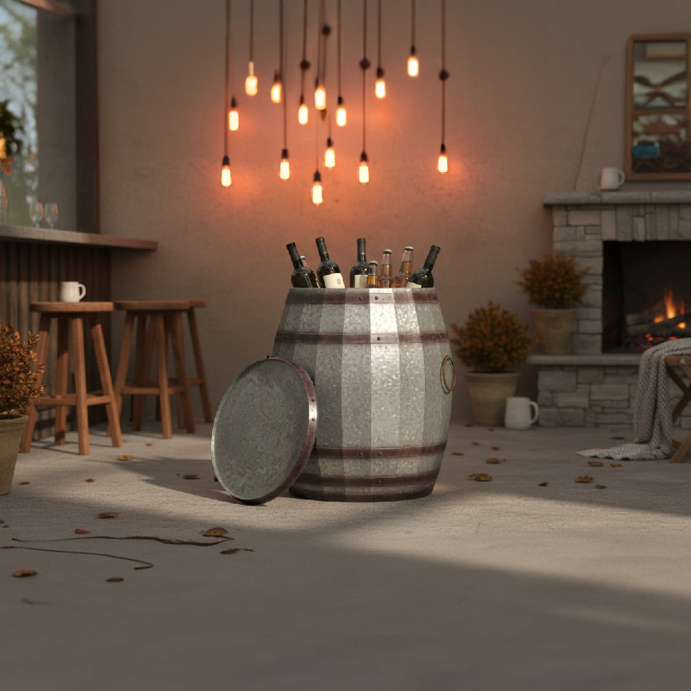 Barrel Drum Shape Storage Table with Removable Lid, Rustic Brown and Gray Metal