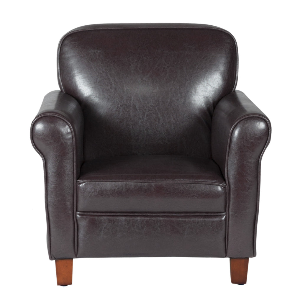 Faux Leather Upholstered Wooden Kids Accent Chair with Rolled Arms, Brown - K3334-E155 By Casagear Home