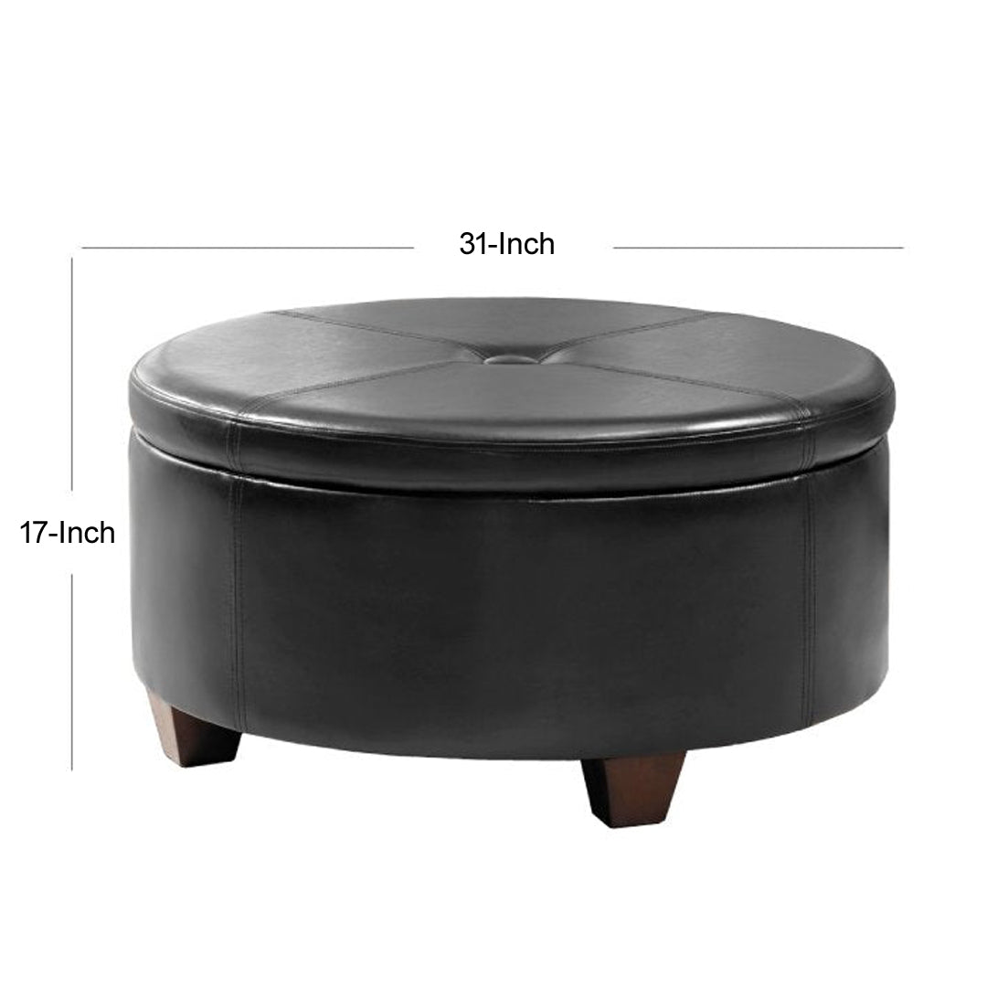 Leatherette Single Button Tufted Round Ottoman with Wooden Feet, Large, Black and Brown - K5508-E676 By Casagear Home