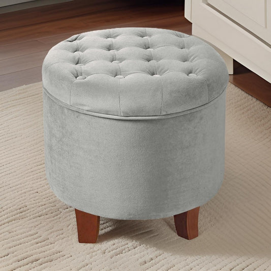 Button Tufted Velvet Upholstered Wooden Ottoman with Hidden Storage, Light Gray and Brown - K6171-B214 By Casagear Home