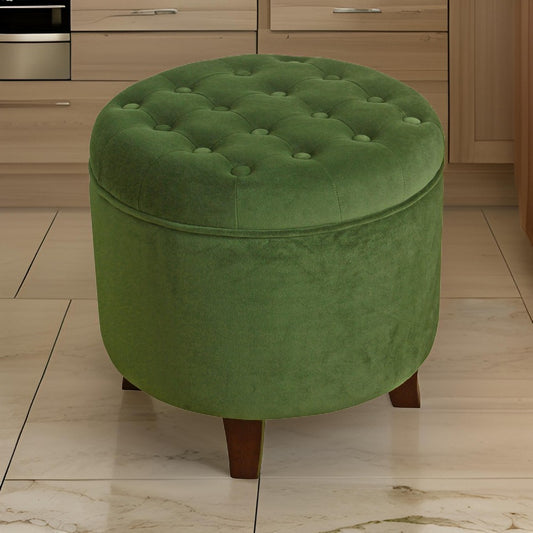Button Tufted Velvet Upholstered Wooden Ottoman with Hidden Storage, Green and Brown - K6171-B228 By Casagear Home