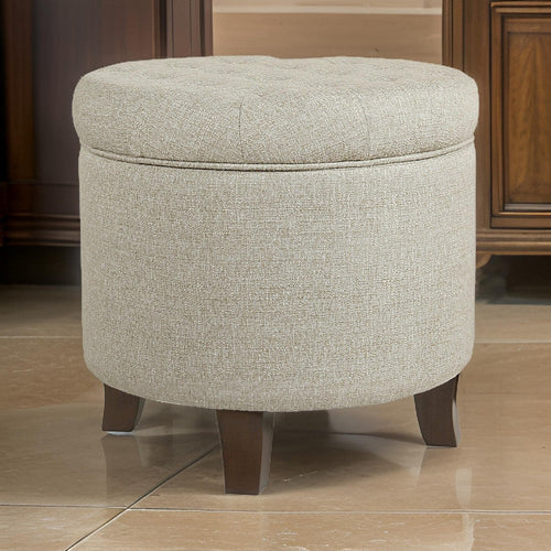Ottoman | Woven Fabric | Round | Lift Top Storage | Beige Brown