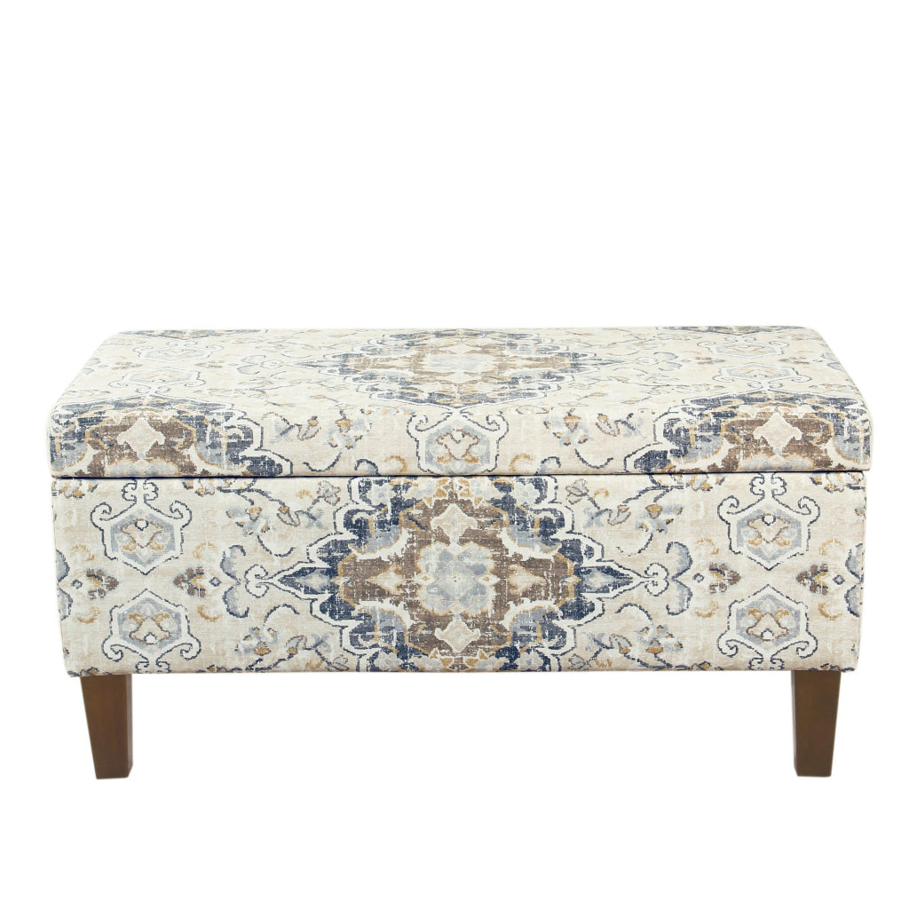 Medallion Print Fabric Upholstered Wooden Bench With Hinged Storage Large Brown and Cream - K6384NP-A862 By Casagear Home KFN-K6384NP-A862