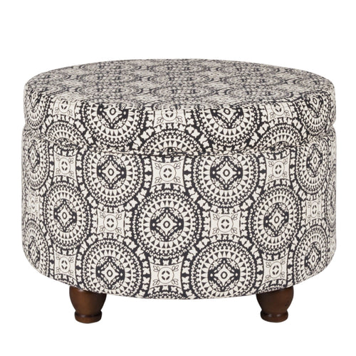 Ottoman | Medallion Pattern Fabric | Bun Feet | Cream Black