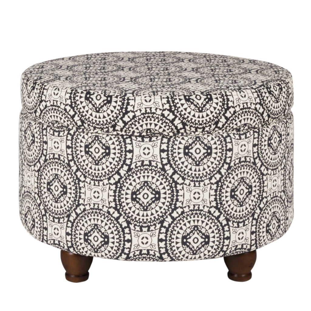 Ottoman | Medallion Pattern Fabric | Bun Feet | Cream Black