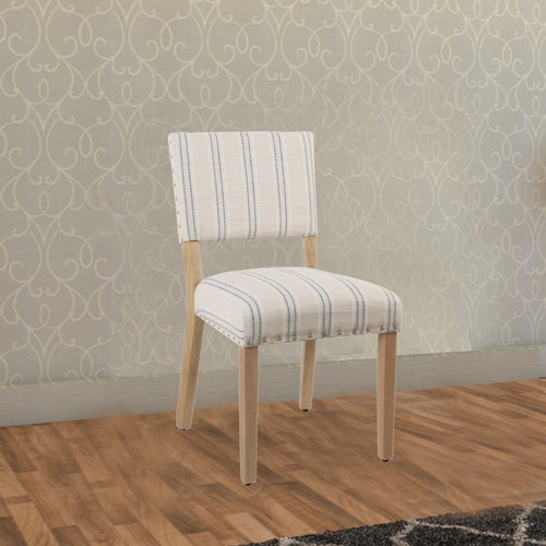 Dining Chair Set of 2 | Wood Frame | Striped Fabric Seat | Blue White