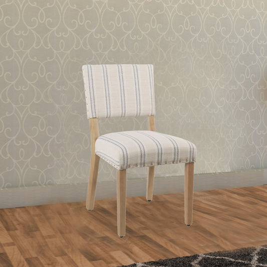 Dining Chair Set of 2 | Wood Frame | Striped Fabric Seat | Blue White