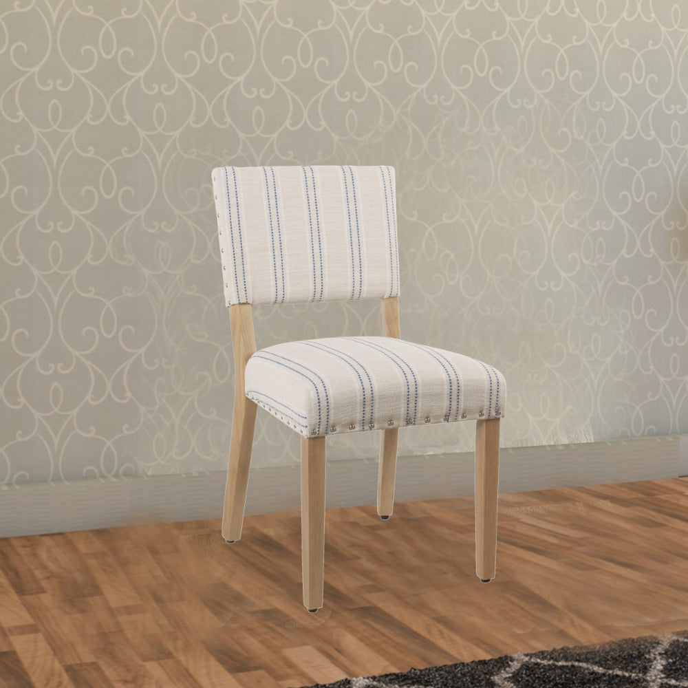 Dining Chair Set of 2 | Wood Frame | Striped Fabric Seat | Blue White