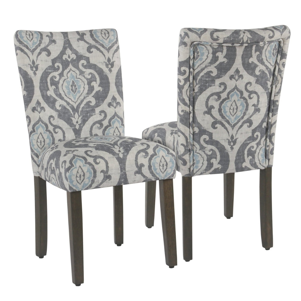 Wooden Dining Chair with Damask Print Fabric Upholstery Gray and Blue Set of Two - K6805-A750 By Casagear Home KFN-K6805-A750