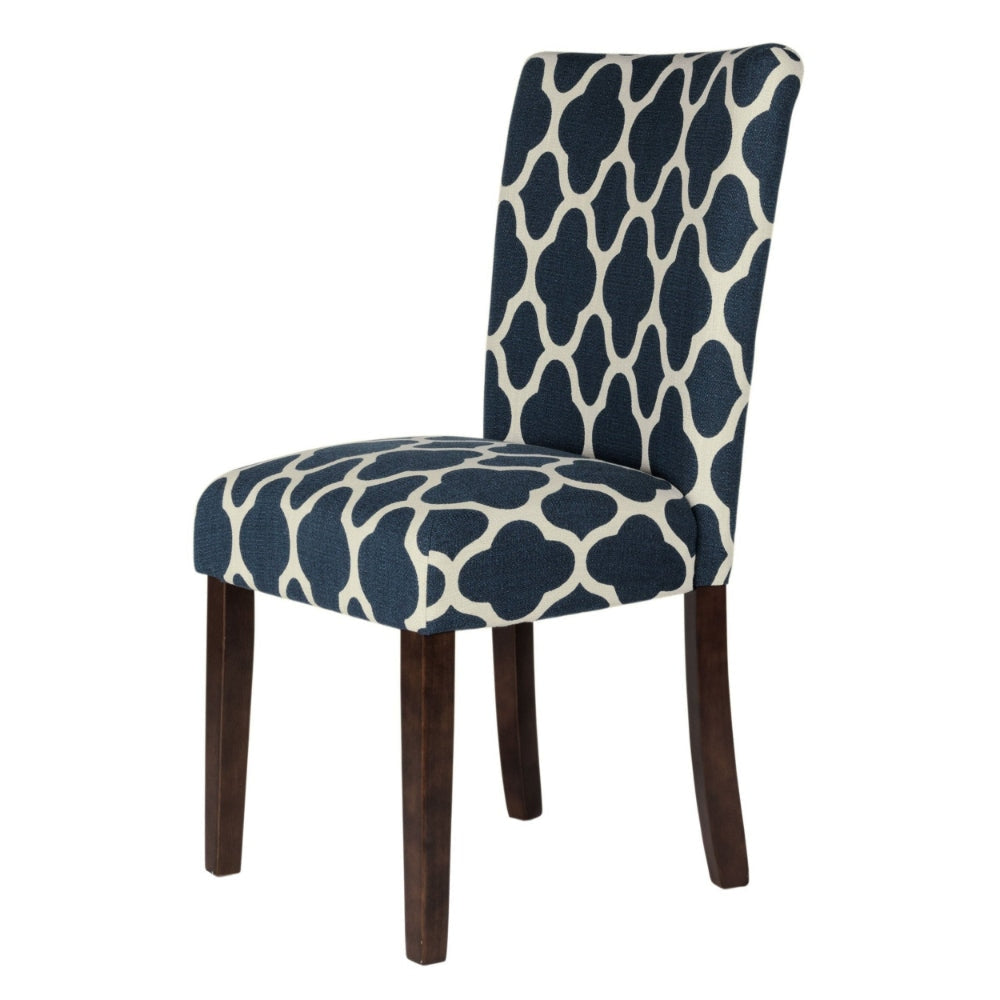 Wooden Parson Dining Chairs with Quatrefoil Patterned Fabric Upholstery Blue and White Set of Two - K6805-F2051 By Casagear Home
