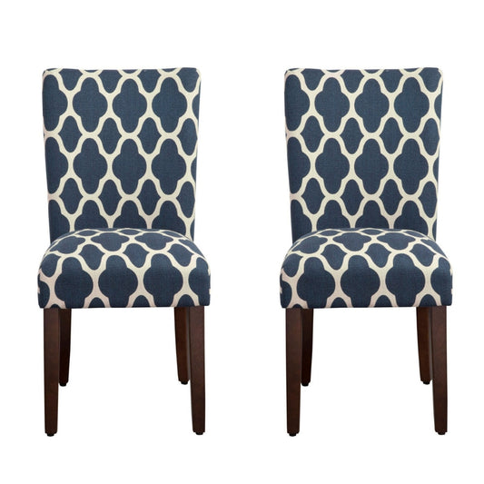 Wooden Parson Dining Chairs with Quatrefoil Patterned Fabric Upholstery, Blue and White, Set of Two - K6805-F2051 By Casagear Home