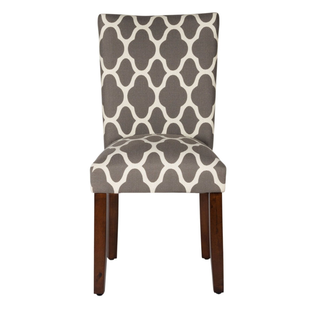 Wooden Parson Dining Chair with Quatrefoil Pattern Fabric Upholstery Gray and White Set of Two - K6805-F2052 By Casagear Home