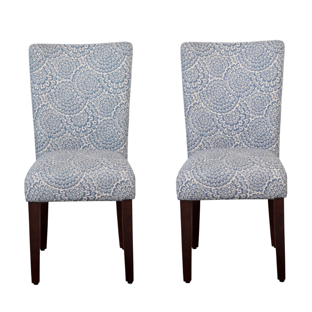 Wooden Parson Dining Chairs with Floral Patterned Fabric Upholstery, Blue and White, Set of Two - K6805-F2059 By Casagear Home
