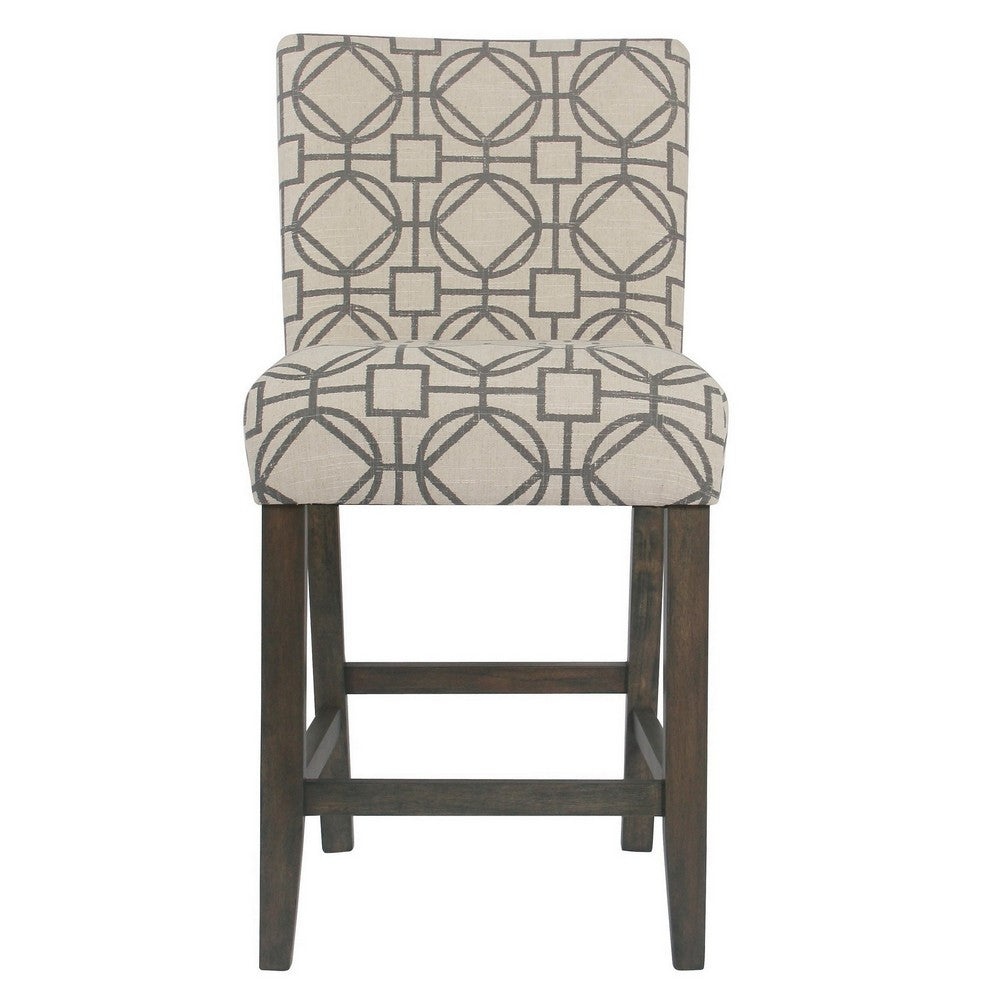 Wooden 24 Inch Counter Height Stool with Trellis Pattern Fabric Upholstery, Cream and Gray - K6858-24-A825 By Casagear Home