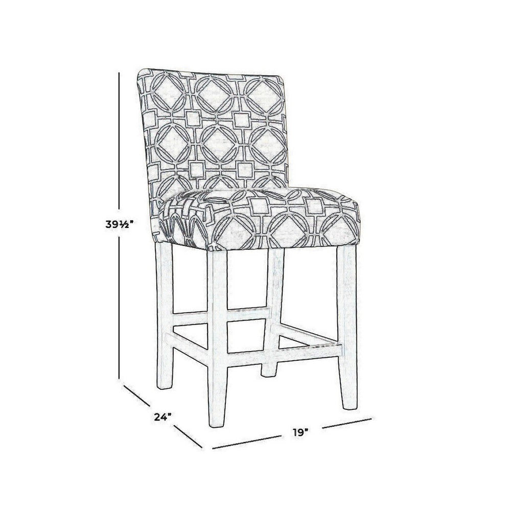 Wooden 24 Inch Counter Height Stool with Trellis Pattern Fabric Upholstery, Cream and Gray - K6858-24-A825 By Casagear Home