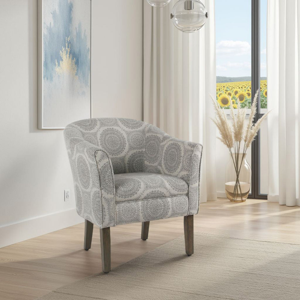 Wood and Fabric Barrel Style Accent Chair with Medallion Pattern, Gray and Brown - K6859-A832 By Casagear Home