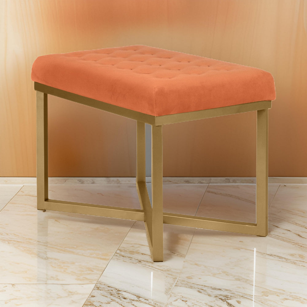 Metal Framed Bench with Button Tufted Velvet Upholstered Seat, Orange and Gold - K6958-B200 By Casagear Home