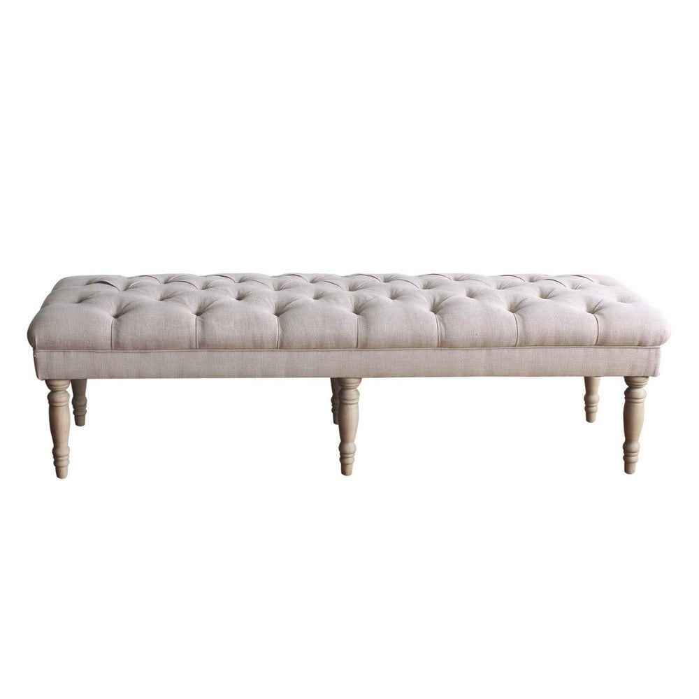Bench | Wood Frame | Button Tufted Fabric Seat | Turned Legs | Cream Finish