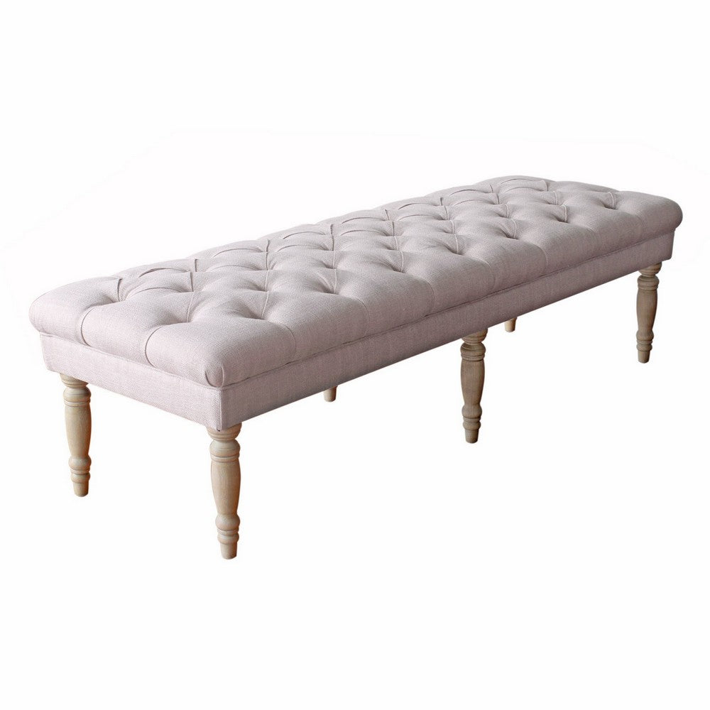 Bench | Wood Frame | Button Tufted Fabric Seat | Turned Legs | Cream Finish