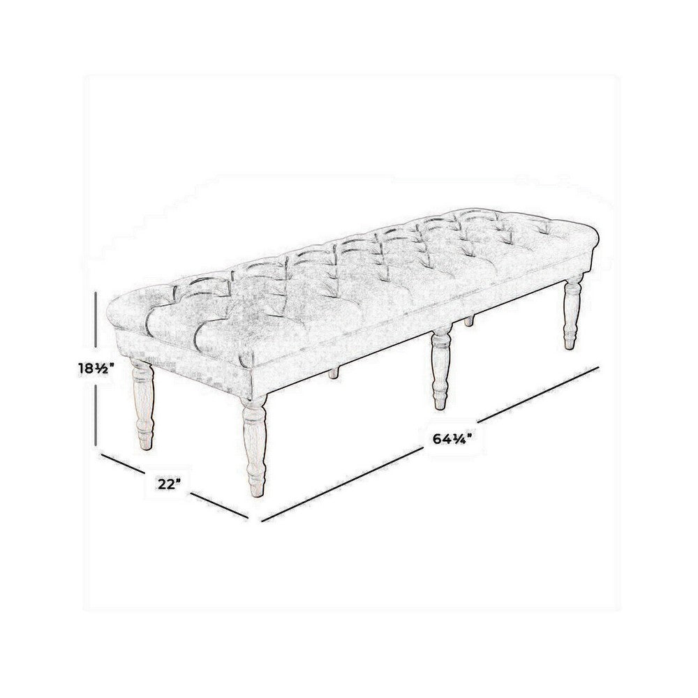 Bench | Wood Frame | Button Tufted Fabric Seat | Turned Legs | Cream Finish