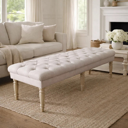 Bench | Wood Frame | Button Tufted Fabric Seat | Turned Legs | Cream Finish