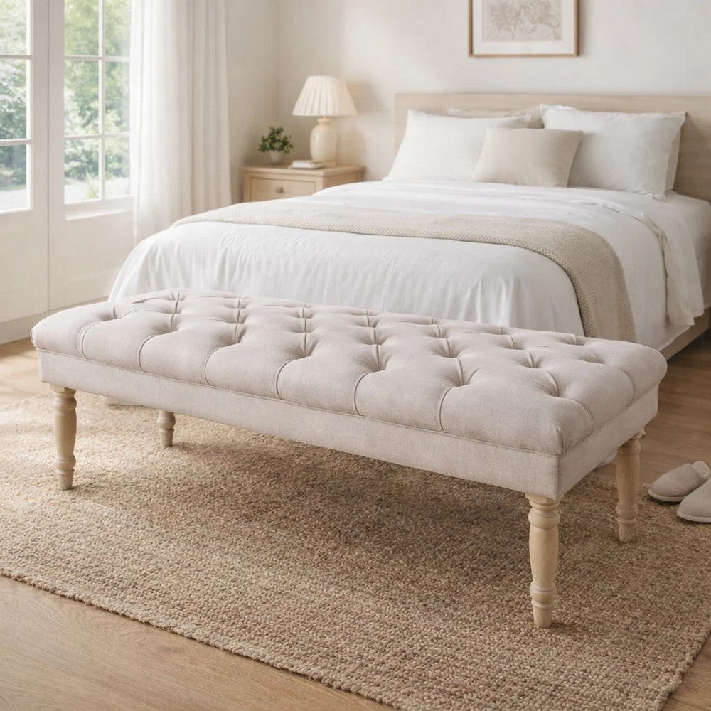 Bench | Wood Frame | Button Tufted Fabric Seat | Turned Legs | Cream Finish