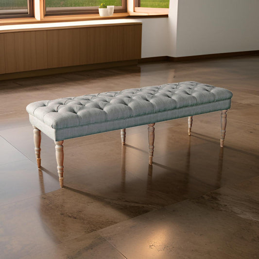 Wood Bench | Button Tufted Seat | Turned Legs | Gray