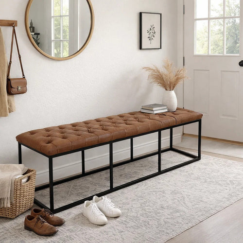 Bench | Button Tufted Seat | Faux Leather | Metal Base | Brown