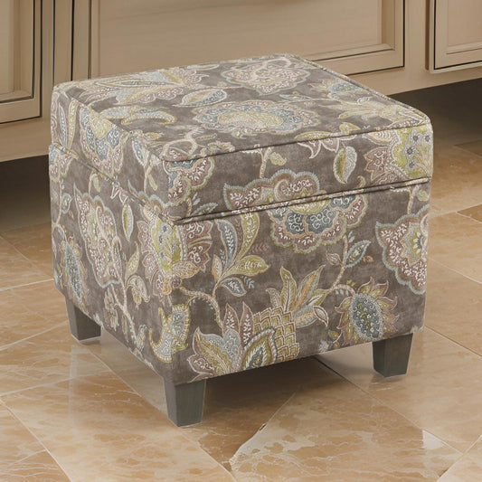 Floral Pattern Fabric Upholstered Wooden Ottoman with Lift Off Top and Tapered Feet, Multicolor - K7342-A824 By Casagear Home