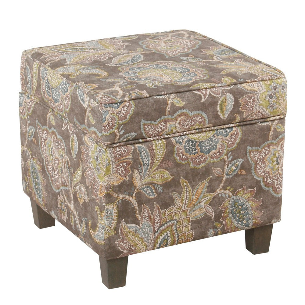 Floral Pattern Fabric Upholstered Wooden Ottoman with Lift Off Top and Tapered Feet, Multicolor - K7342-A824 By Casagear Home
